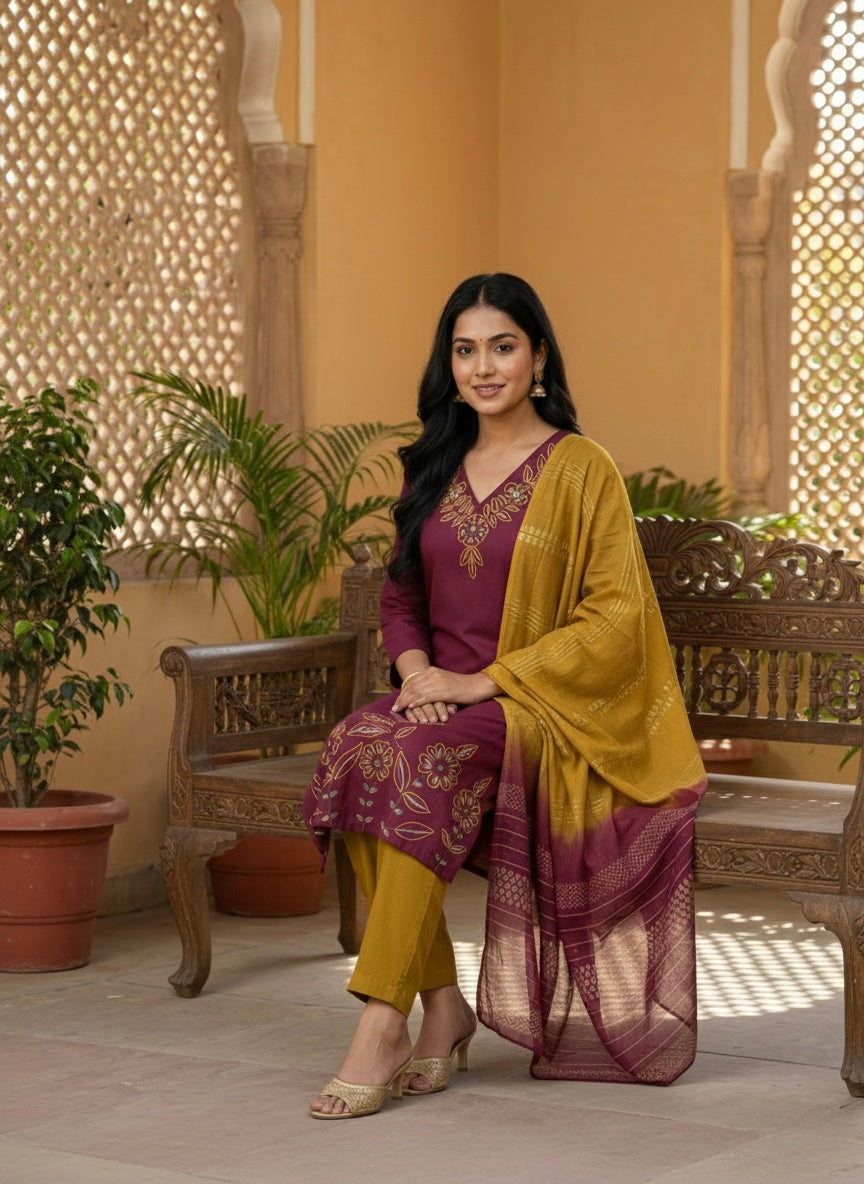 Women’s Vetican Fabric Embroidered Maroon Kurta Set with Pant and Dupatta