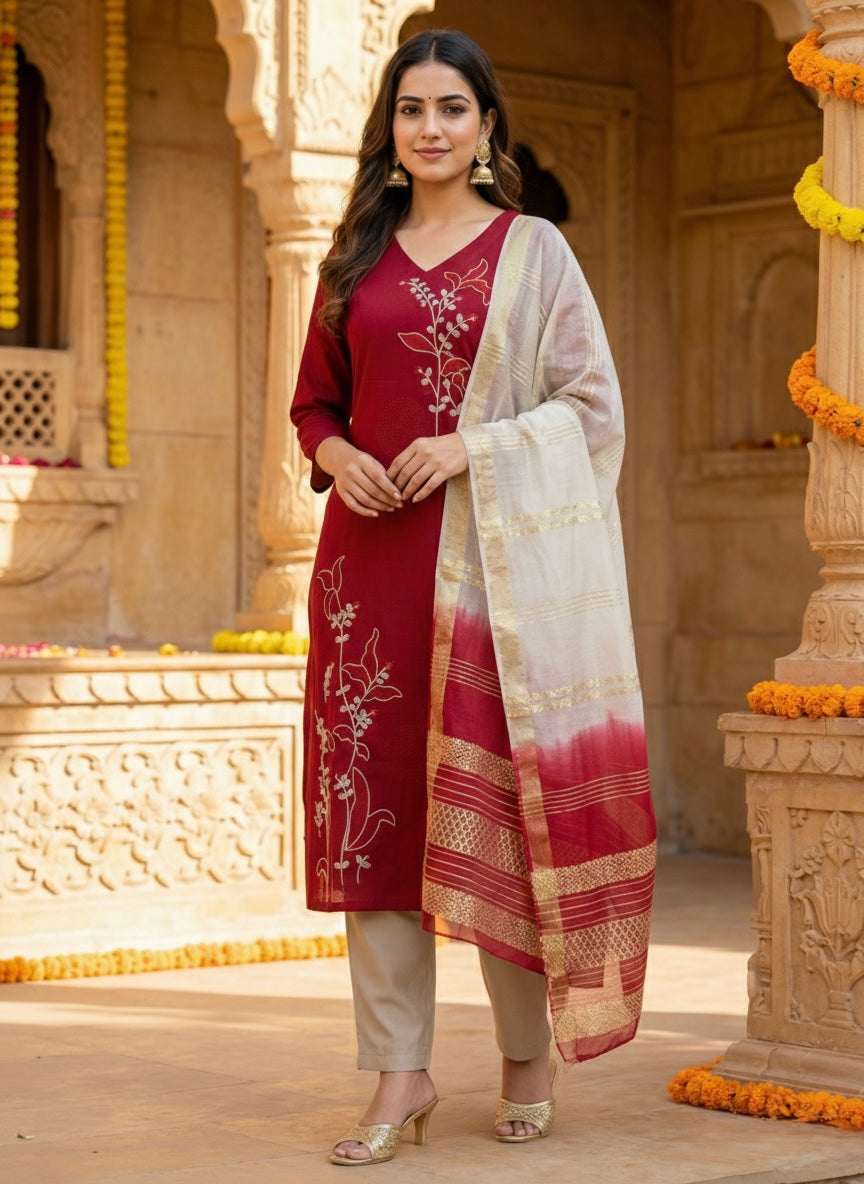 Women’s Vetican Fabric Maroon Embroidered Kurta Set with Pant and Dupatta