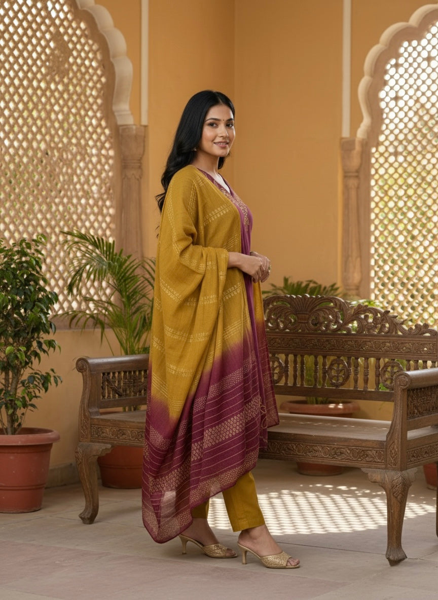 Women’s Vetican Fabric Embroidered Maroon Kurta Set with Pant and Dupatta