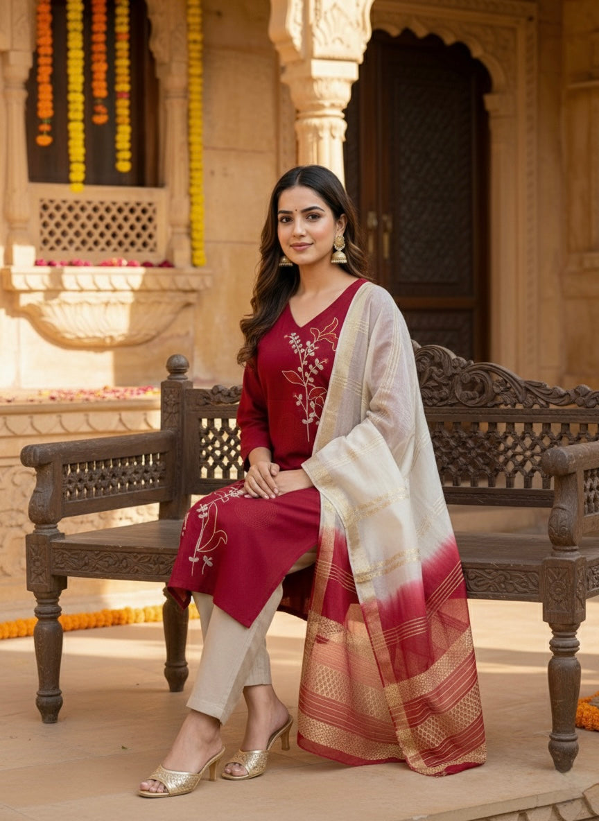 Women’s Vetican Fabric Maroon Embroidered Kurta Set with Pant and Dupatta