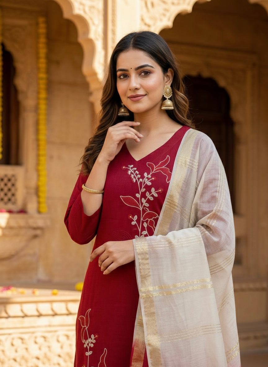 Women’s Vetican Fabric Maroon Embroidered Kurta Set with Pant and Dupatta