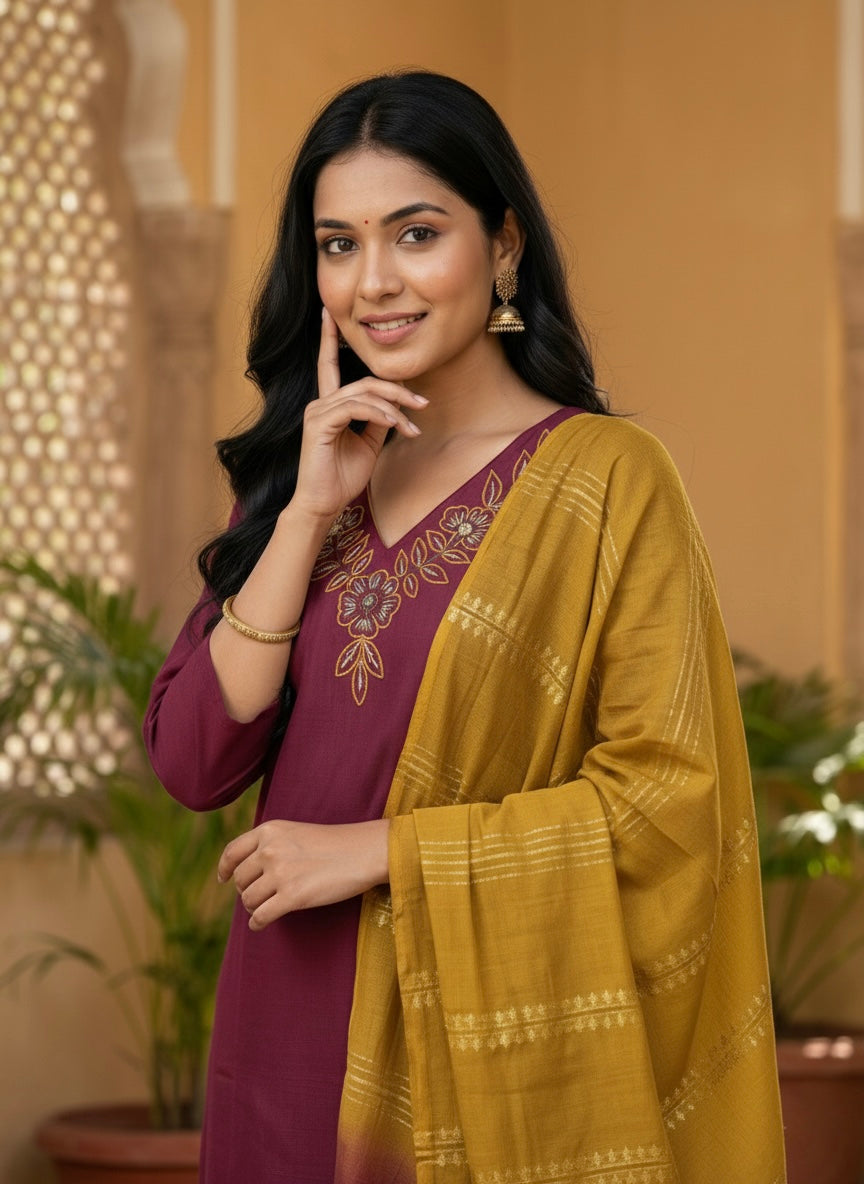 Women’s Vetican Fabric Embroidered Maroon Kurta Set with Pant and Dupatta