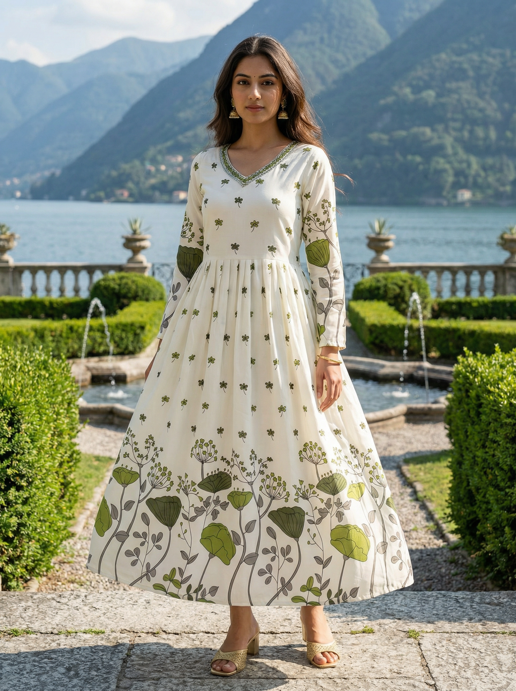 Women’s Rayon Slub Floral Printed Mehndi Anarkali Kurti with V-Neck and Long Sleeves
