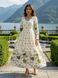 Women’s Rayon Slub Floral Printed Mehndi Anarkali Kurti with V-Neck and Long Sleeves