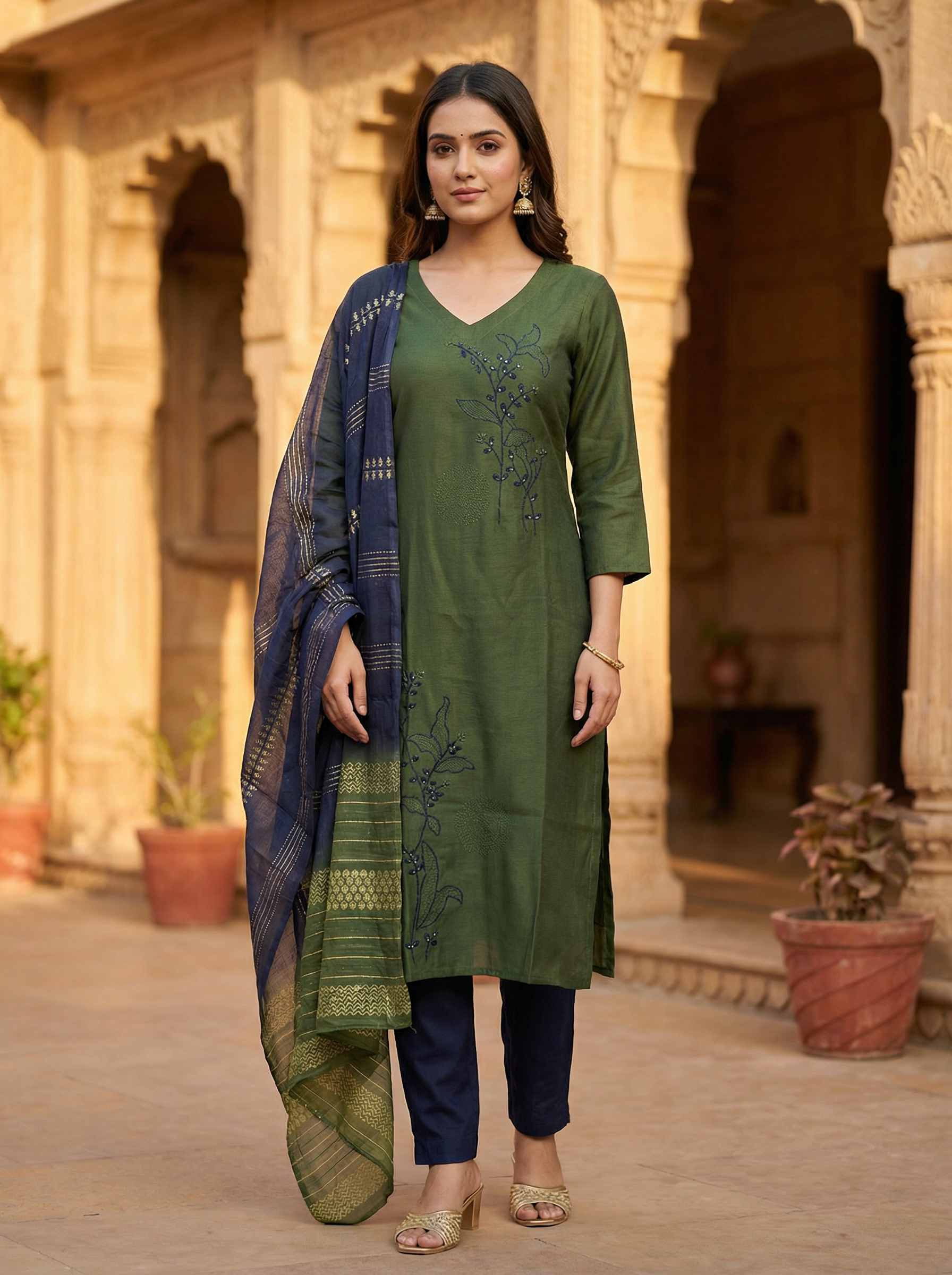 Women’s Vetican Fabric Embroidered Mehndi  Kurta Set with Pant and Dupatta