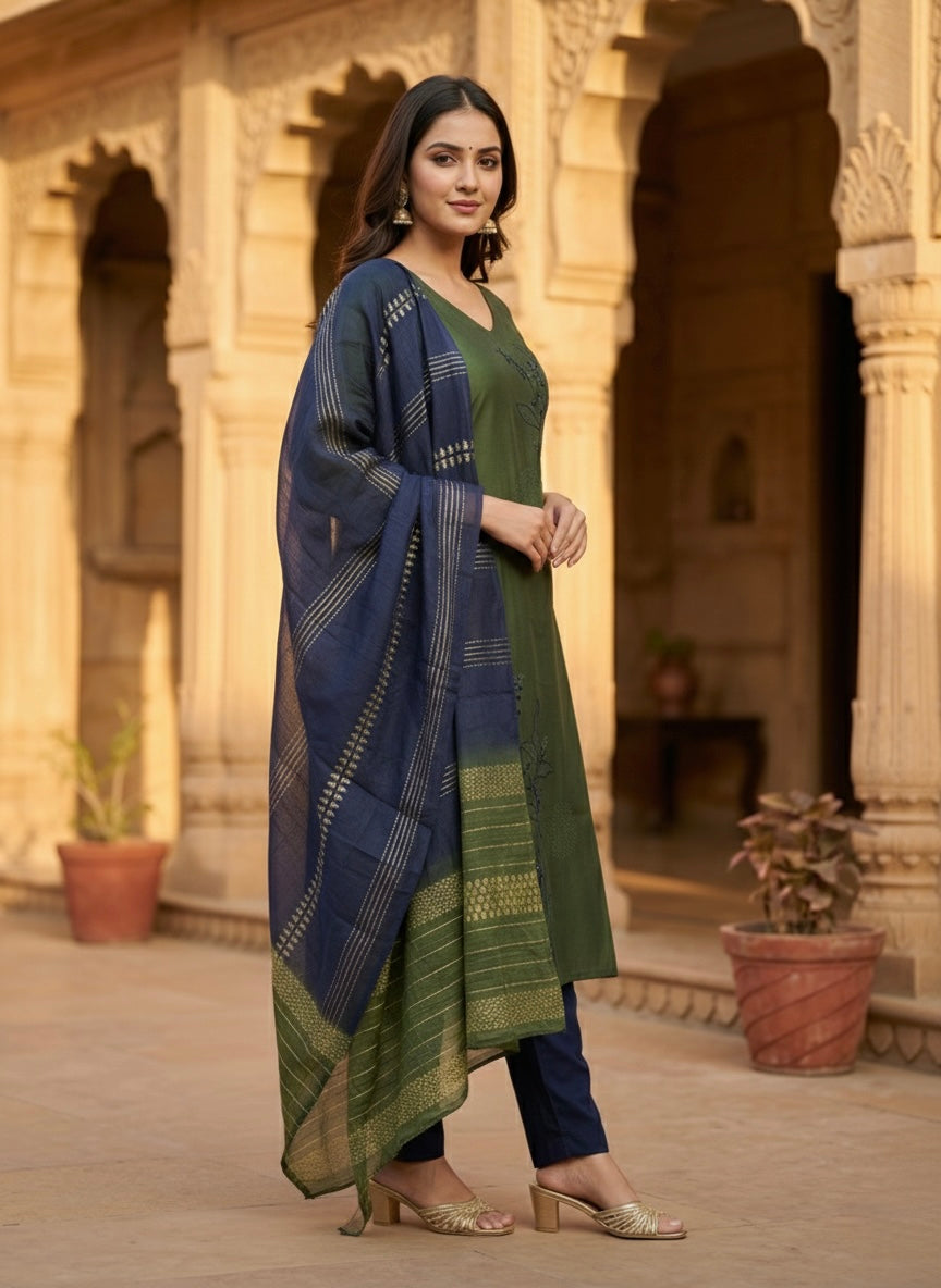 Women’s Vetican Fabric Embroidered Mehndi  Kurta Set with Pant and Dupatta