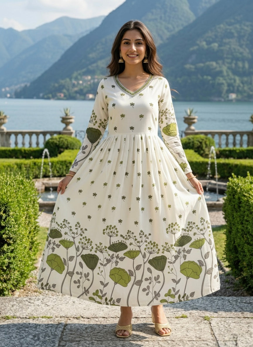 Women’s Rayon Slub Floral Printed Mehndi Anarkali Kurti with V-Neck and Long Sleeves