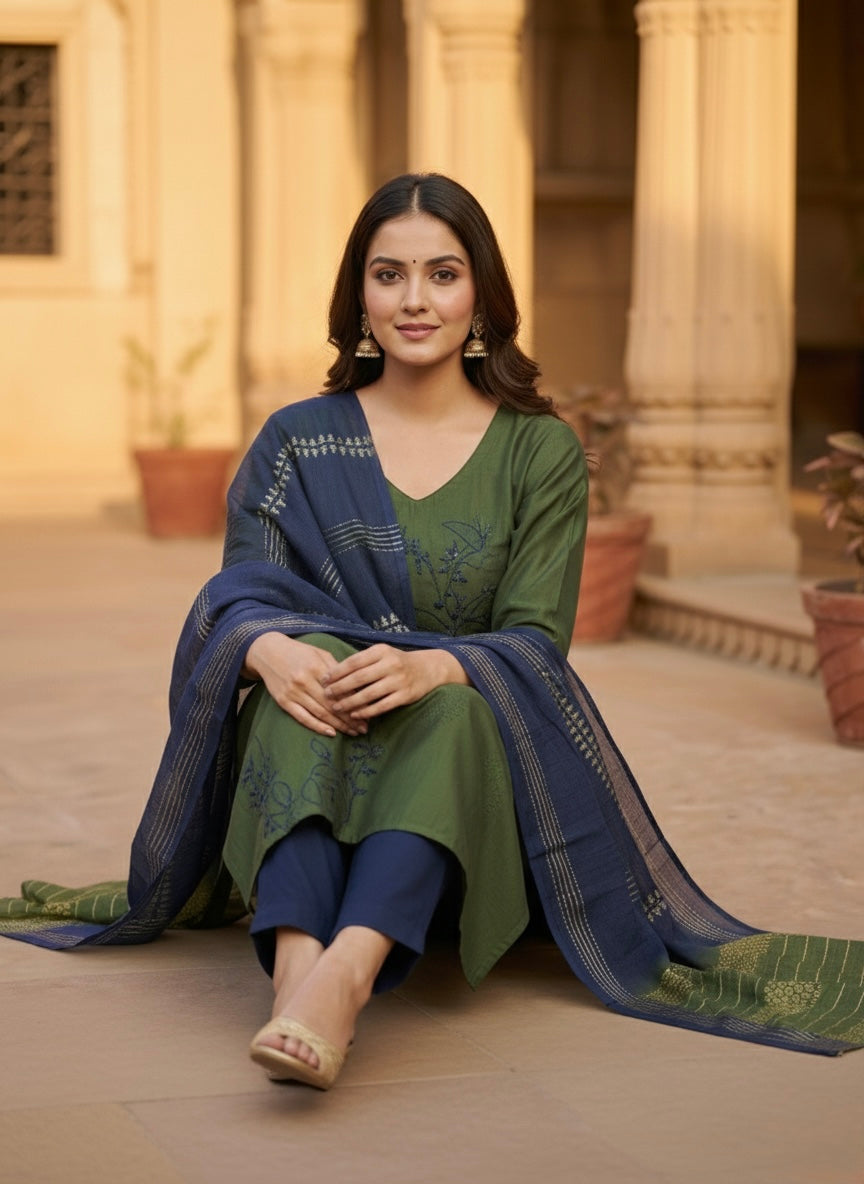 Women’s Vetican Fabric Embroidered Mehndi  Kurta Set with Pant and Dupatta