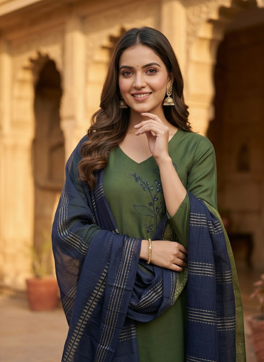 Women’s Vetican Fabric Embroidered Mehndi  Kurta Set with Pant and Dupatta