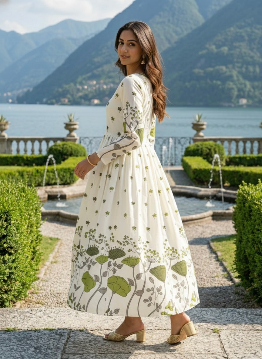 Women’s Rayon Slub Floral Printed Mehndi Anarkali Kurti with V-Neck and Long Sleeves