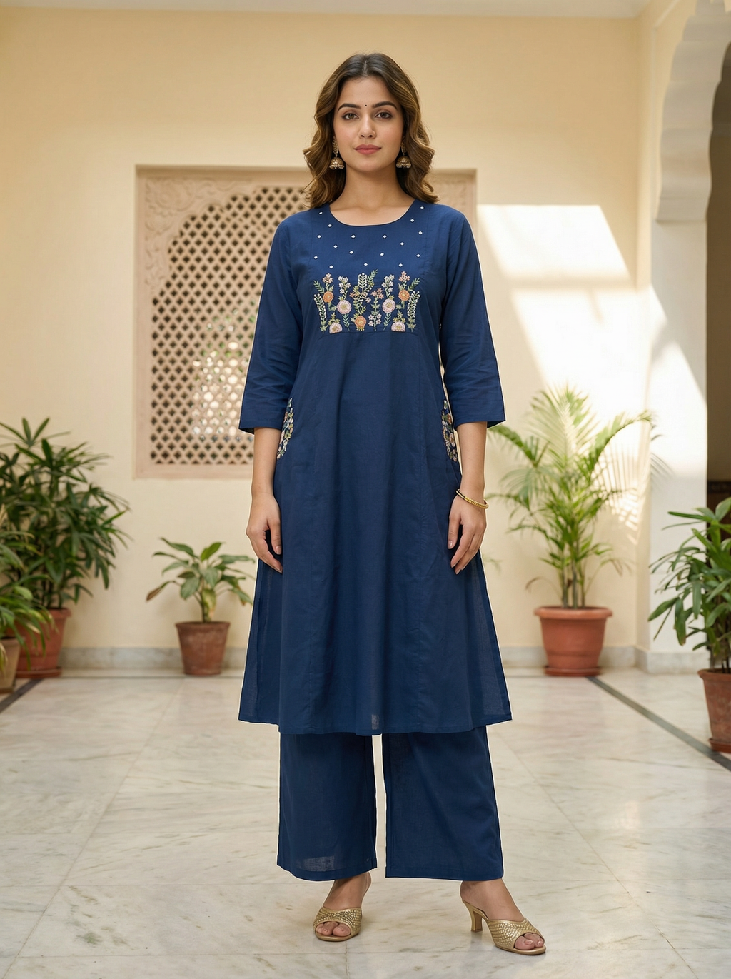 Premium Navy Blue Jaipuri pure Cotton Embroidered Co-Ord Set for Women