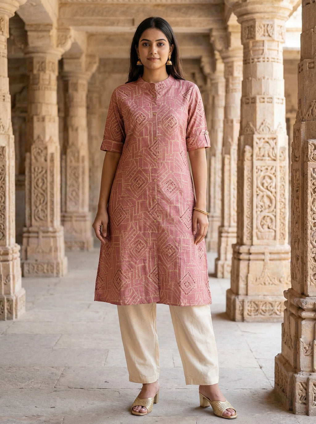Women’s Jaipuri Printed Pure Pink Cotton A-Line Kurta with 3/4 Sleeves & Front Button Placket