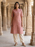 Women’s Jaipuri Printed Pure Pink Cotton A-Line Kurta with 3/4 Sleeves & Front Button Placket