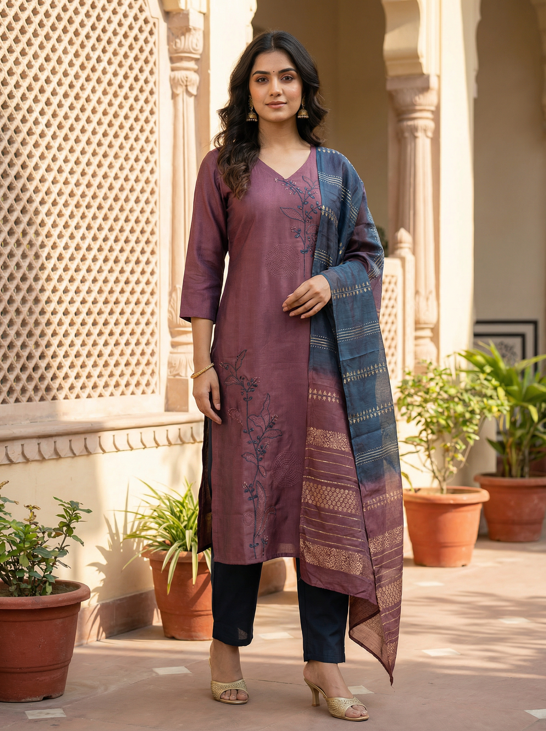 Women’s Vetican Fabric Pink Embroidered Kurta Set with Pant and Dupatta