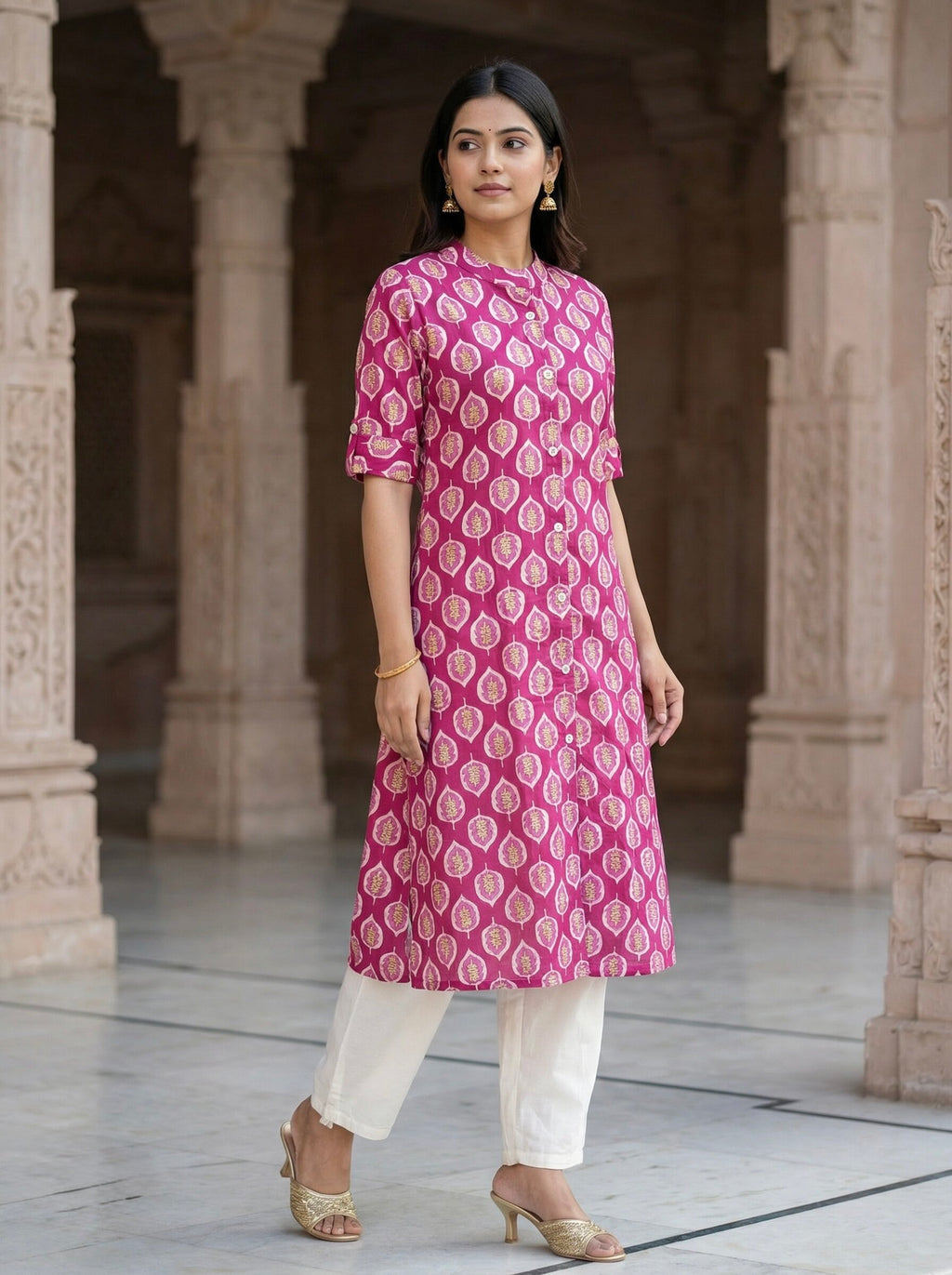 Women’s Jaipuri Printed Pure Cotton Pink A-Line Kurta with 3/4 Sleeves & Front Button Placket