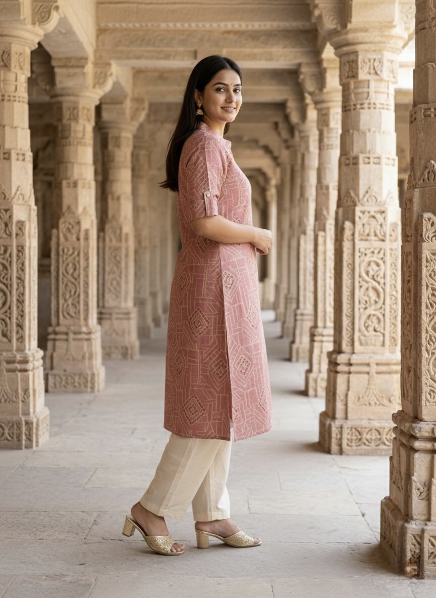 Women’s Jaipuri Printed Pure Pink Cotton A-Line Kurta with 3/4 Sleeves & Front Button Placket