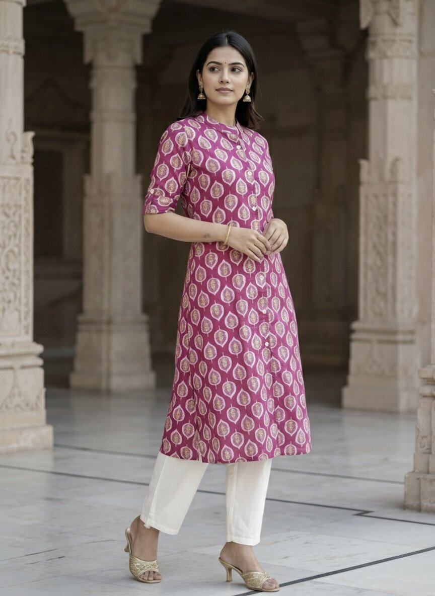 Women’s Jaipuri Printed Pure Cotton Pink A-Line Kurta with 3/4 Sleeves & Front Button Placket