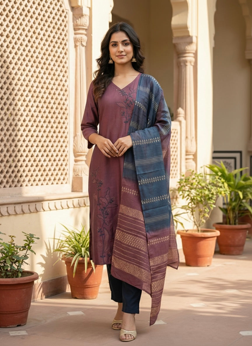 Women’s Vetican Fabric Pink Embroidered Kurta Set with Pant and Dupatta