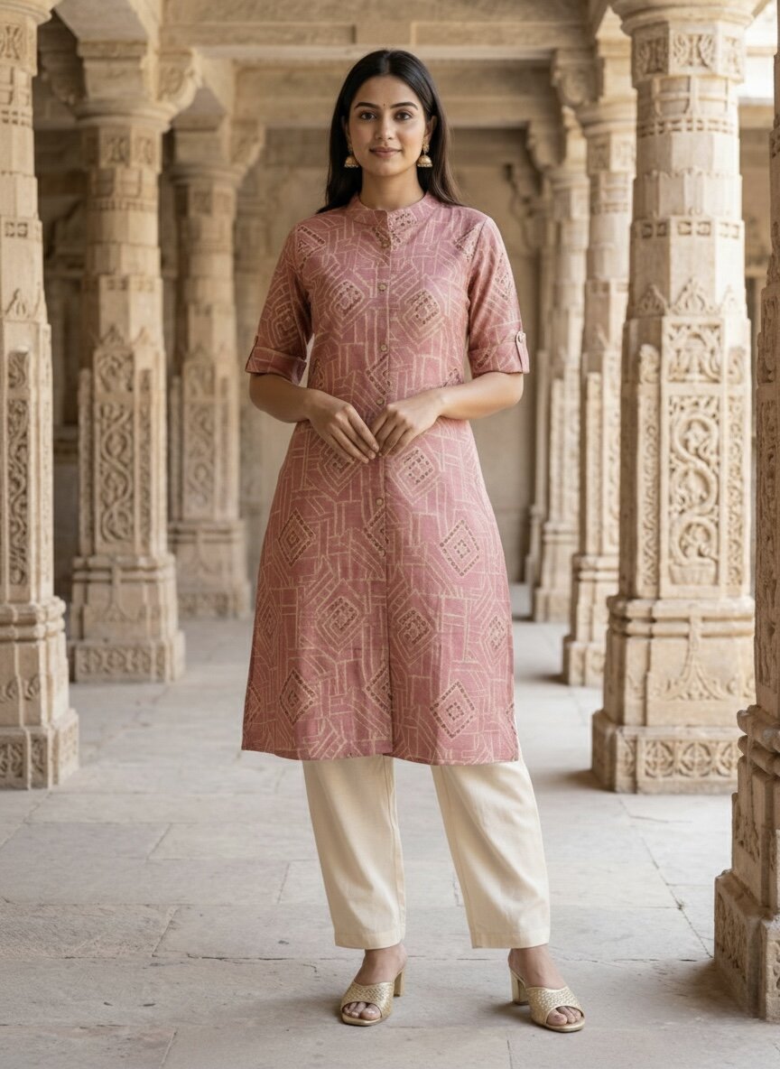 Women’s Jaipuri Printed Pure Pink Cotton A-Line Kurta with 3/4 Sleeves & Front Button Placket