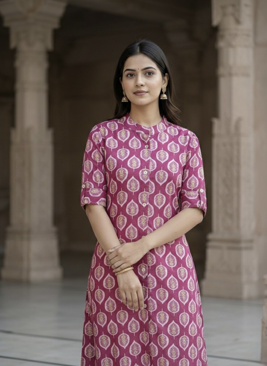 Women’s Jaipuri Printed Pure Cotton Pink A-Line Kurta with 3/4 Sleeves & Front Button Placket
