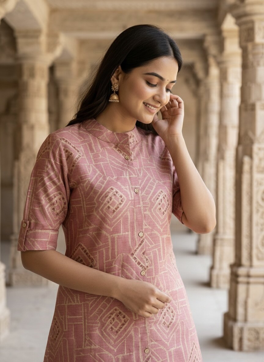 Women’s Jaipuri Printed Pure Pink Cotton A-Line Kurta with 3/4 Sleeves & Front Button Placket