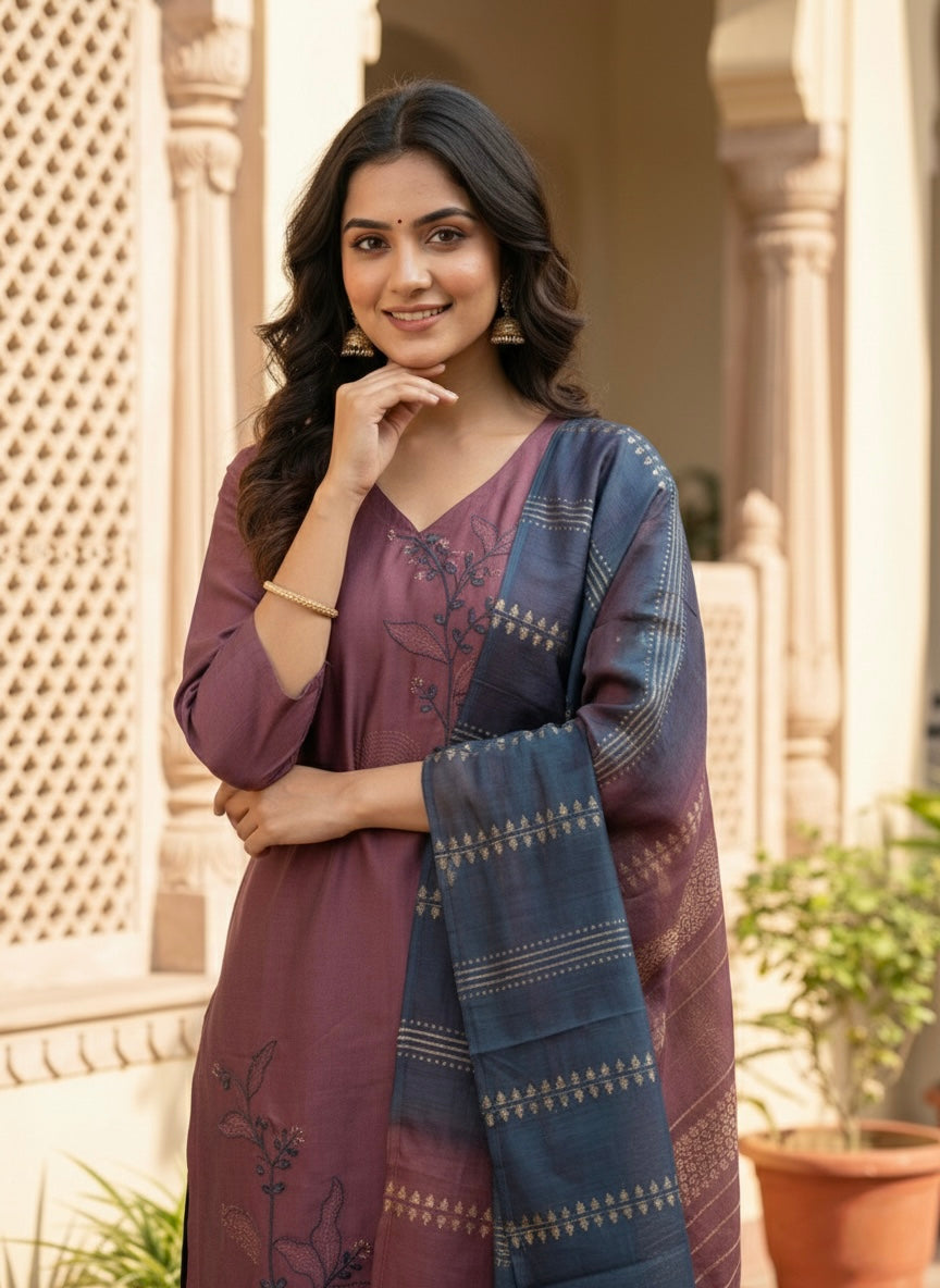 Women’s Vetican Fabric Pink Embroidered Kurta Set with Pant and Dupatta