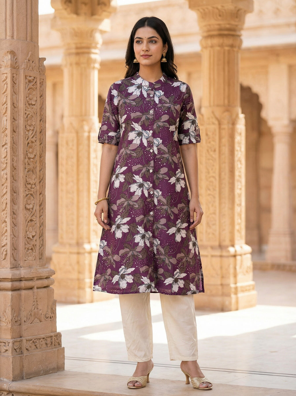 Women’s Jaipuri Printed Pure Cotton Purple A-Line Kurta with 3/4 Sleeves & Front Button Placket