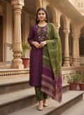 Women’s Vetican Fabric Purple Embroidered Kurta Set with Pant and Dupatta