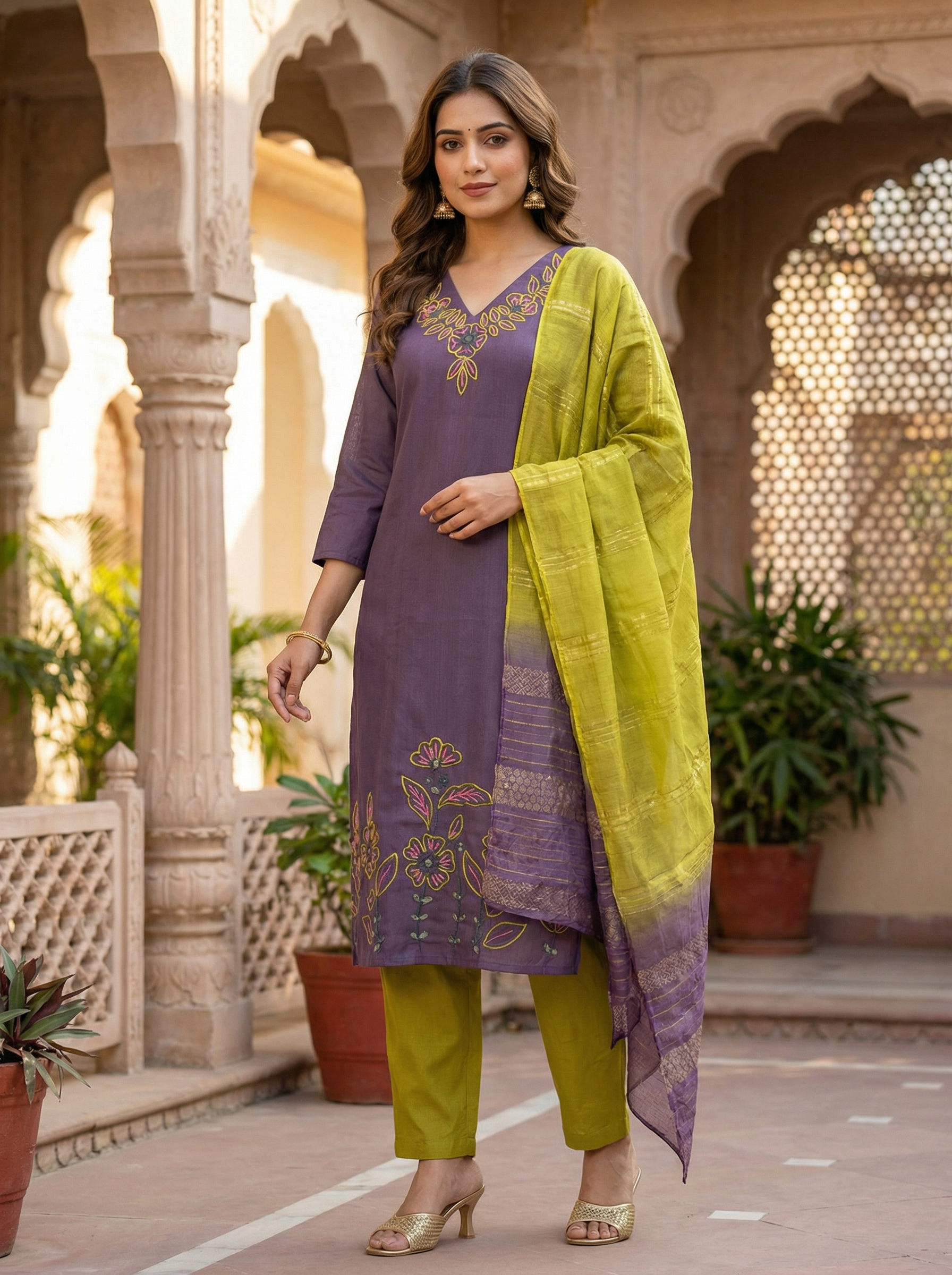Women’s Vetican Fabric Embroidered Purple Kurta Set with Pant and Dupatta