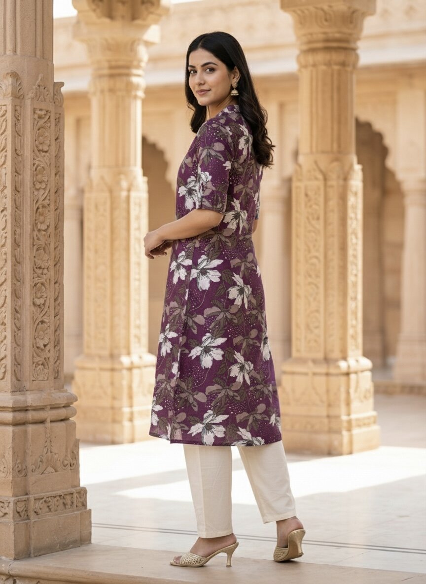 Women’s Jaipuri Printed Pure Cotton Purple A-Line Kurta with 3/4 Sleeves & Front Button Placket