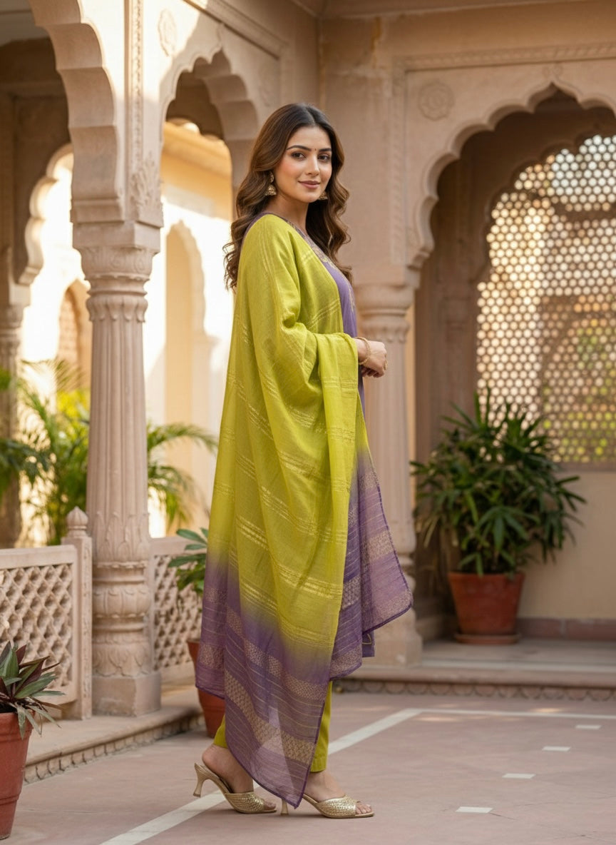 Women’s Vetican Fabric Embroidered Purple Kurta Set with Pant and Dupatta