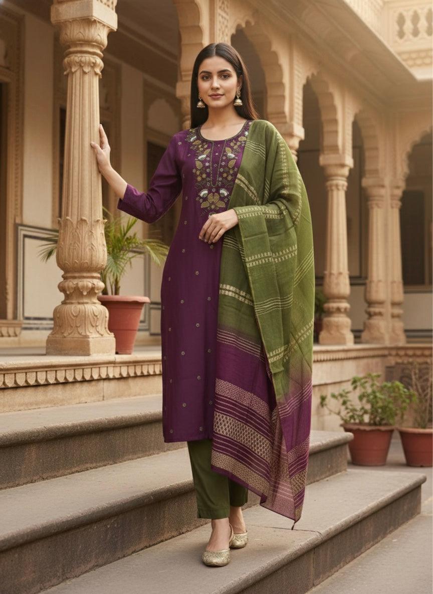 Women’s Vetican Fabric Purple Embroidered Kurta Set with Pant and Dupatta