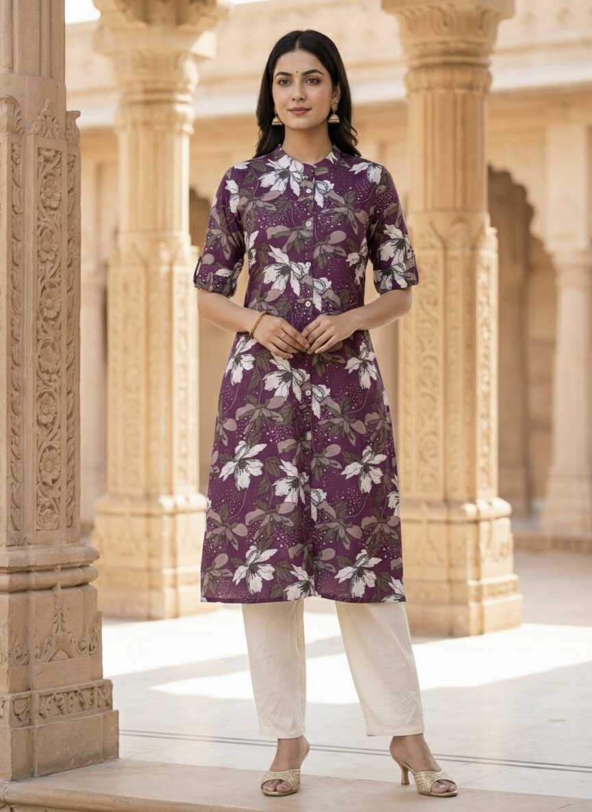 Women’s Jaipuri Printed Pure Cotton Purple A-Line Kurta with 3/4 Sleeves & Front Button Placket