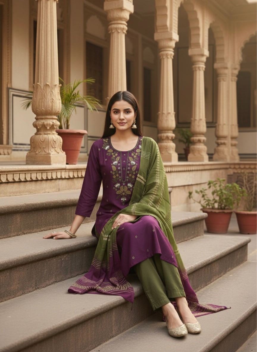 Women’s Vetican Fabric Purple Embroidered Kurta Set with Pant and Dupatta