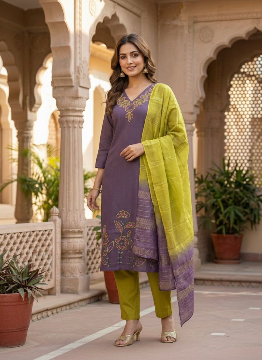 Women’s Vetican Fabric Embroidered Purple Kurta Set with Pant and Dupatta