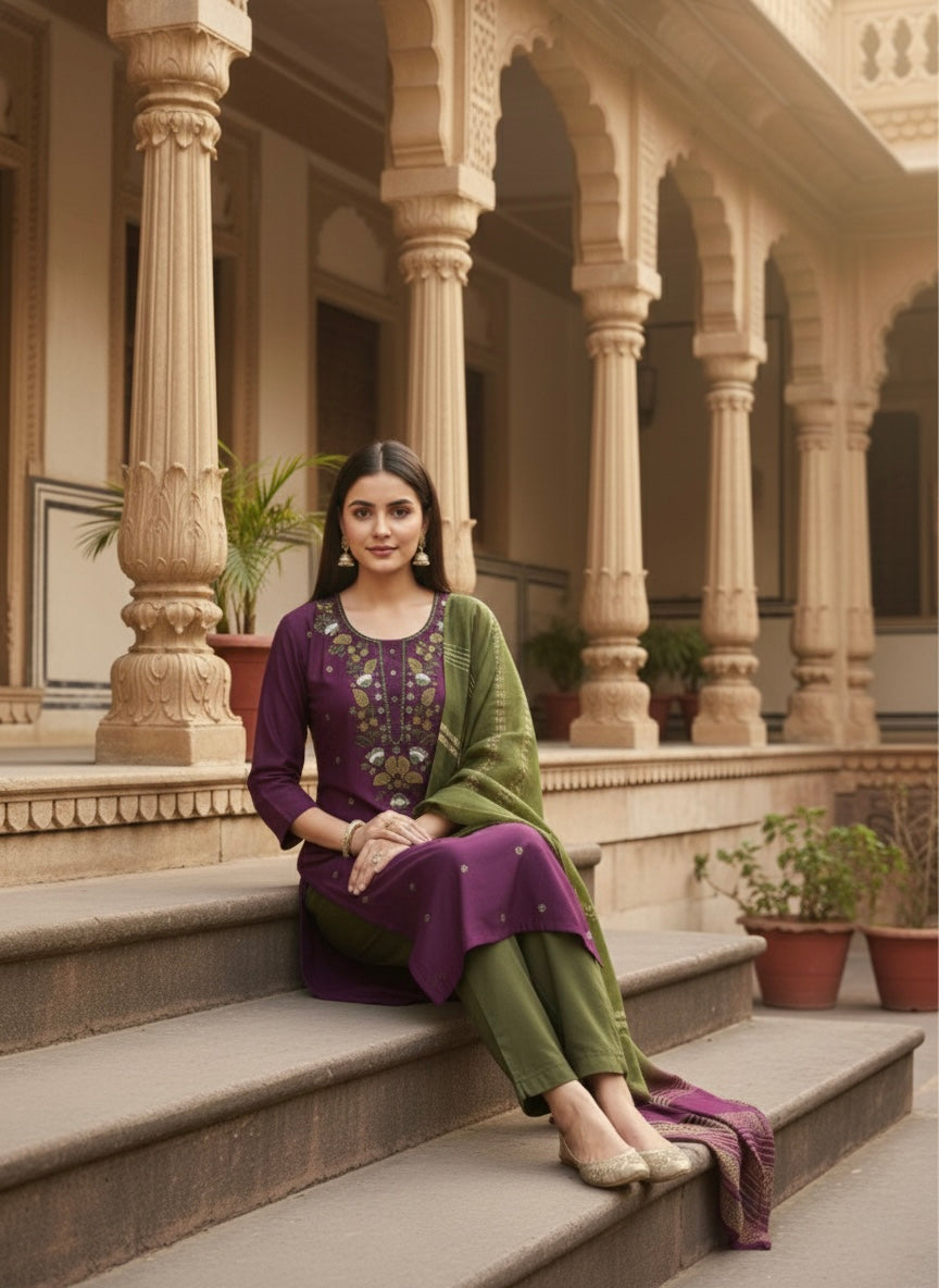 Women’s Vetican Fabric Purple Embroidered Kurta Set with Pant and Dupatta