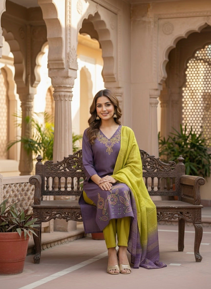 Women’s Vetican Fabric Embroidered Purple Kurta Set with Pant and Dupatta