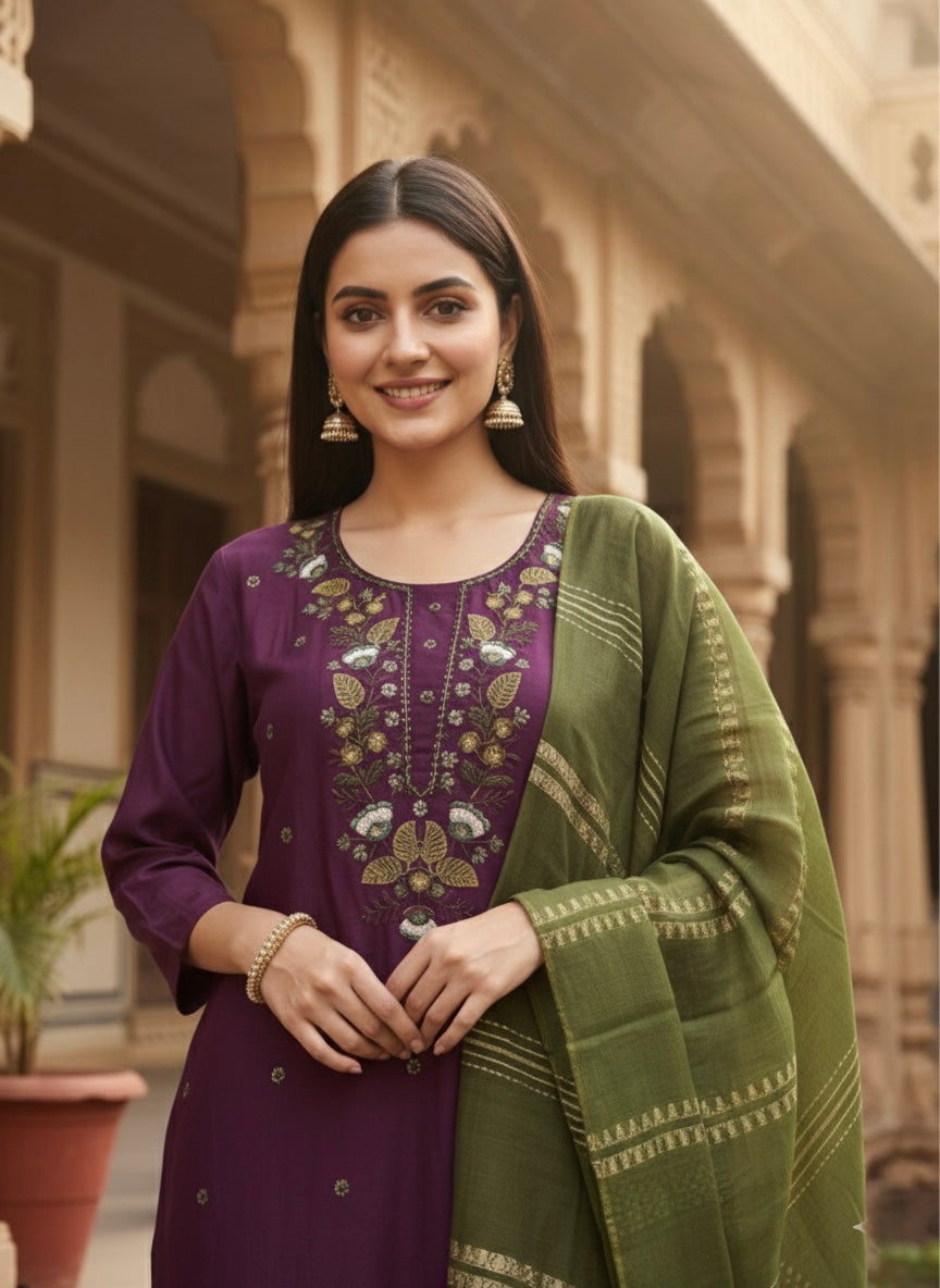 Women’s Vetican Fabric Purple Embroidered Kurta Set with Pant and Dupatta
