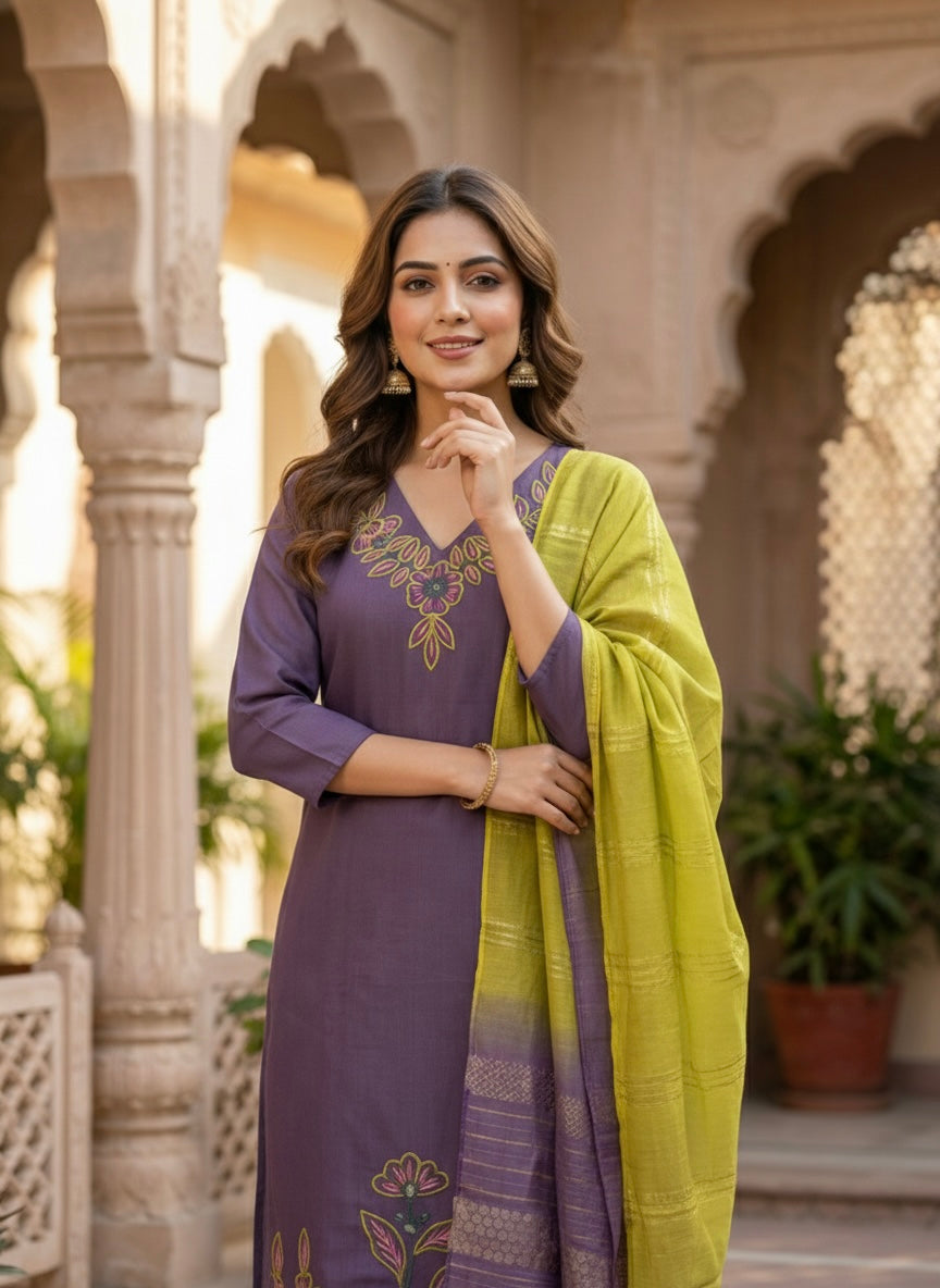 Women’s Vetican Fabric Embroidered Purple Kurta Set with Pant and Dupatta