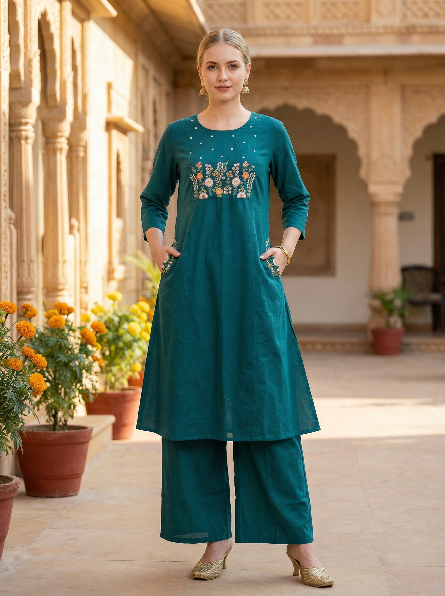 Premium Rama Jaipuri pure Cotton Embroidered Co-Ord Set for Women