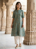 Women’s Jaipuri Printed Pure Rama Cotton A-Line Kurta with 3/4 Sleeves & Front Button Placket
