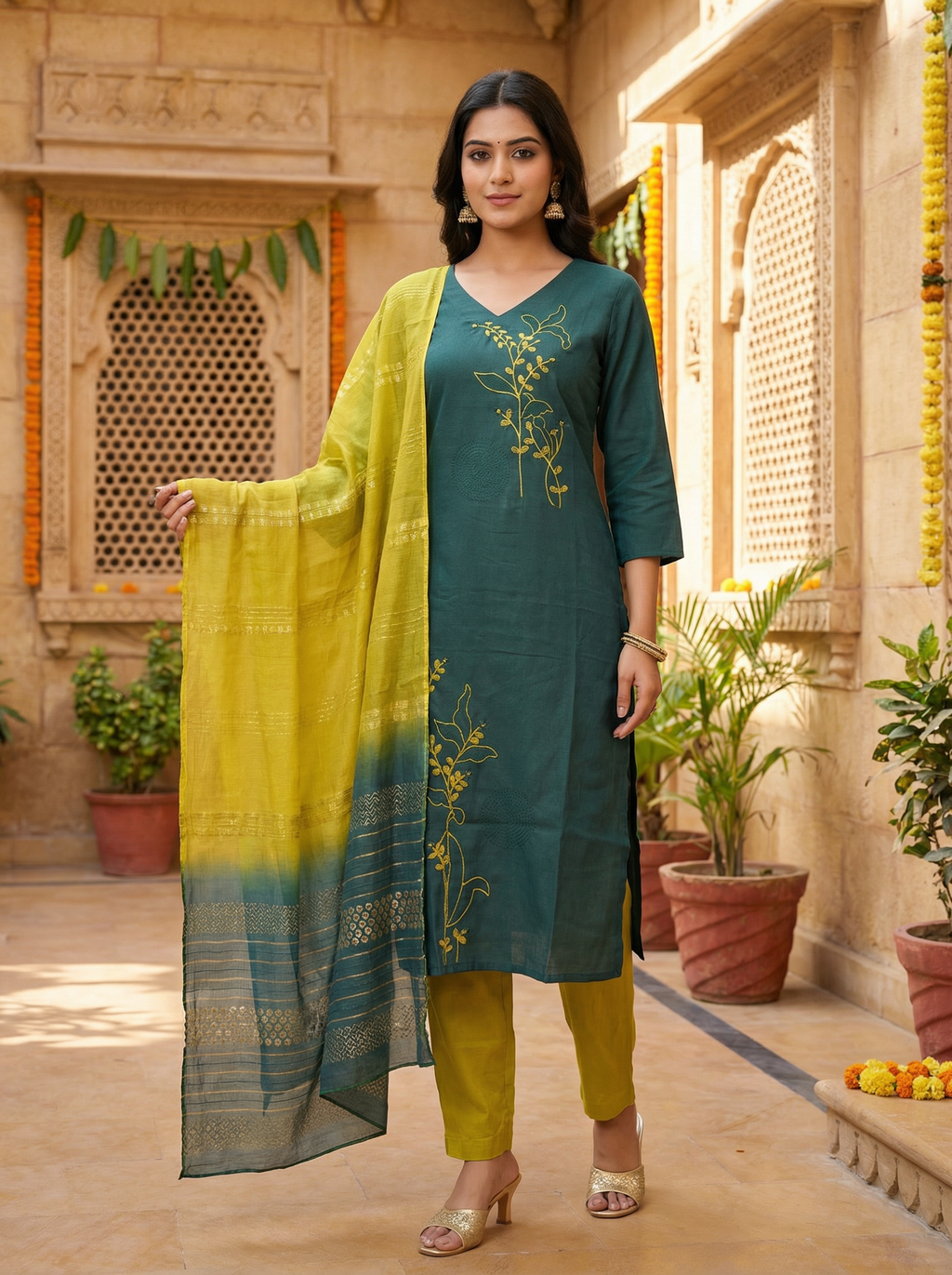 Women’s Vetican Fabric Rama Embroidered Kurta Set with Pant and Dupatta