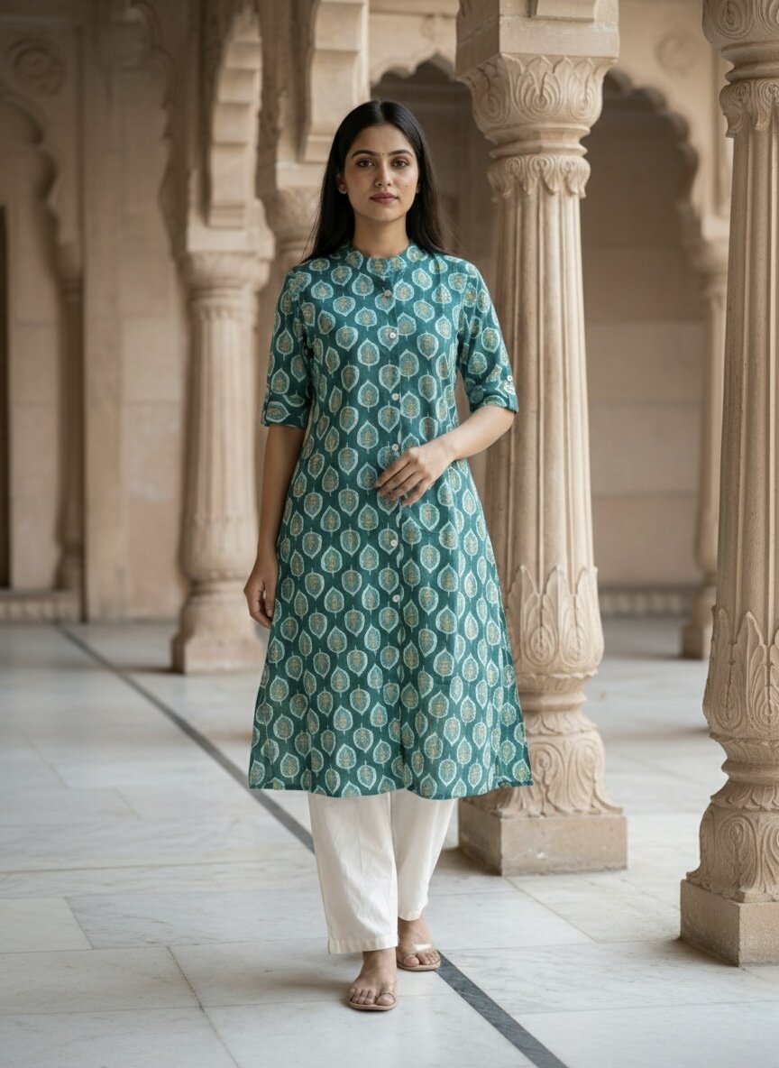 Women’s Jaipuri Printed Pure Cotton Rama A-Line Kurta with 3/4 Sleeves & Front Button Placket