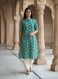 Women’s Jaipuri Printed Pure Cotton Rama A-Line Kurta with 3/4 Sleeves & Front Button Placket