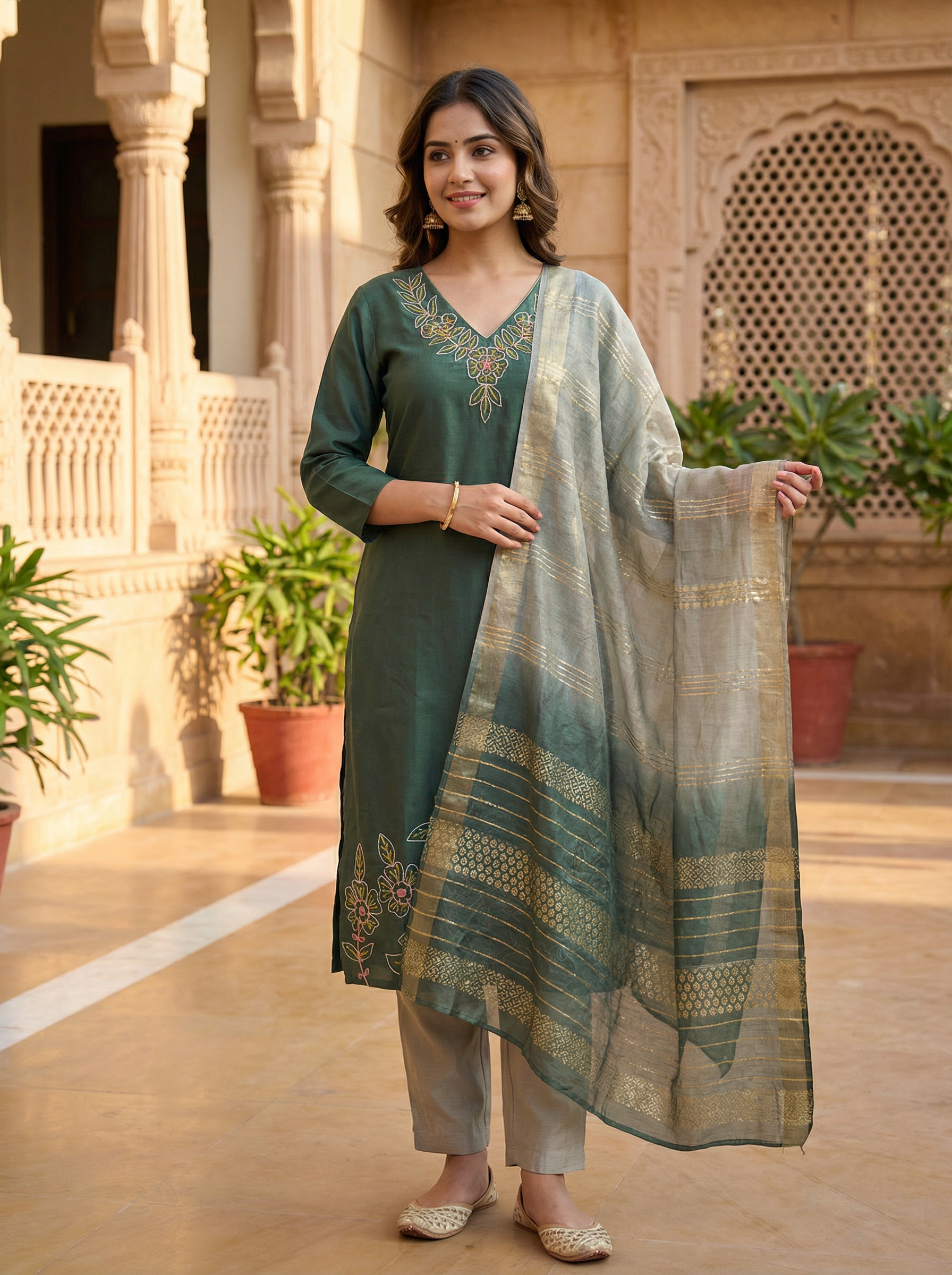 Women’s Vetican Fabric Embroidered Rama Kurta Set with Pant and Dupatta