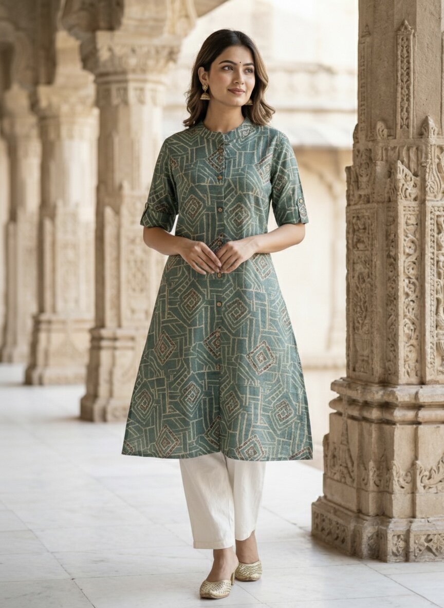Women’s Jaipuri Printed Pure Rama Cotton A-Line Kurta with 3/4 Sleeves & Front Button Placket
