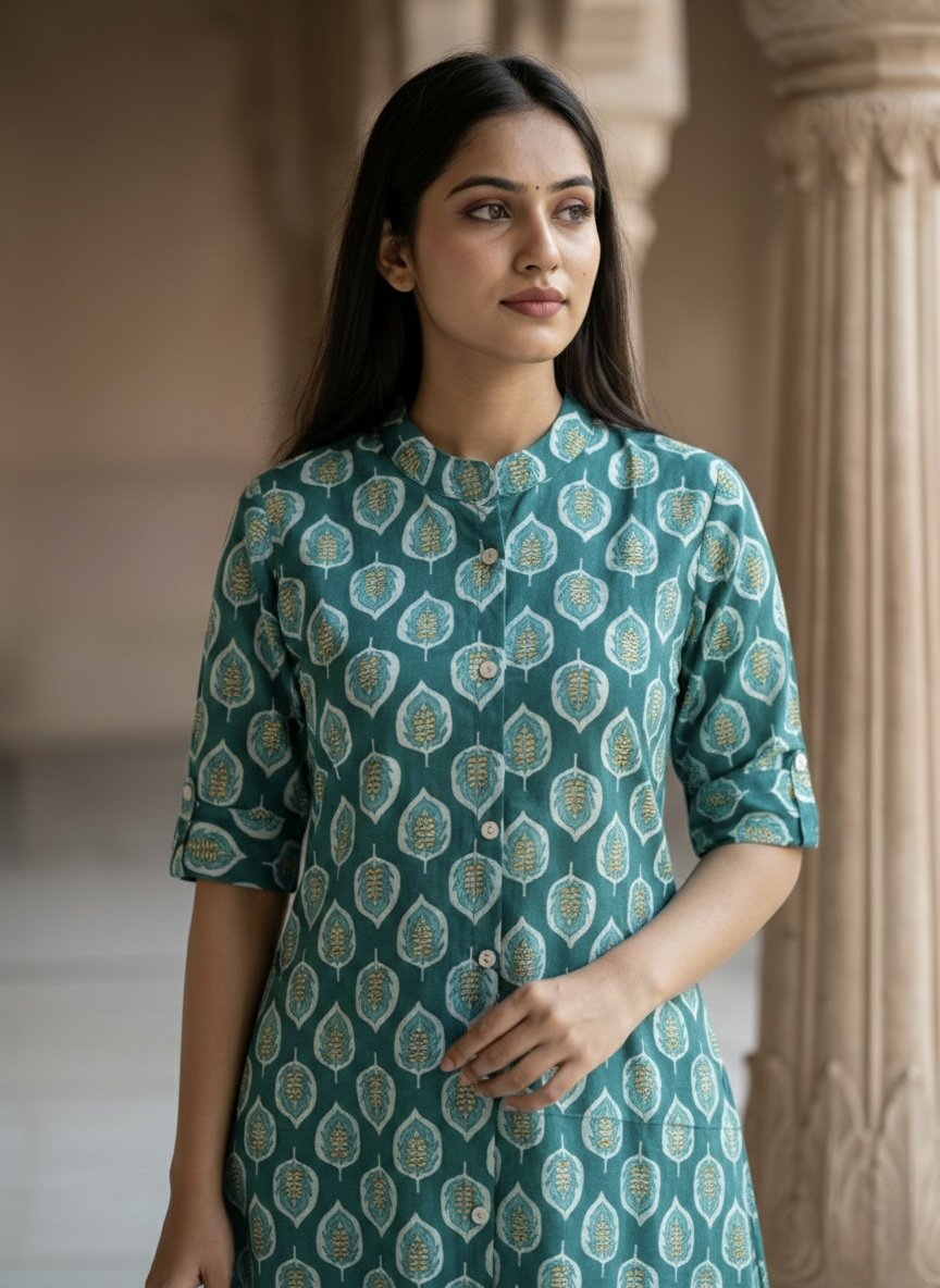 Women’s Jaipuri Printed Pure Cotton Rama A-Line Kurta with 3/4 Sleeves & Front Button Placket