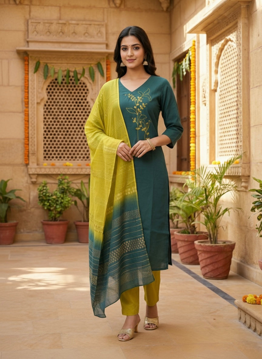 Women’s Vetican Fabric Rama Embroidered Kurta Set with Pant and Dupatta