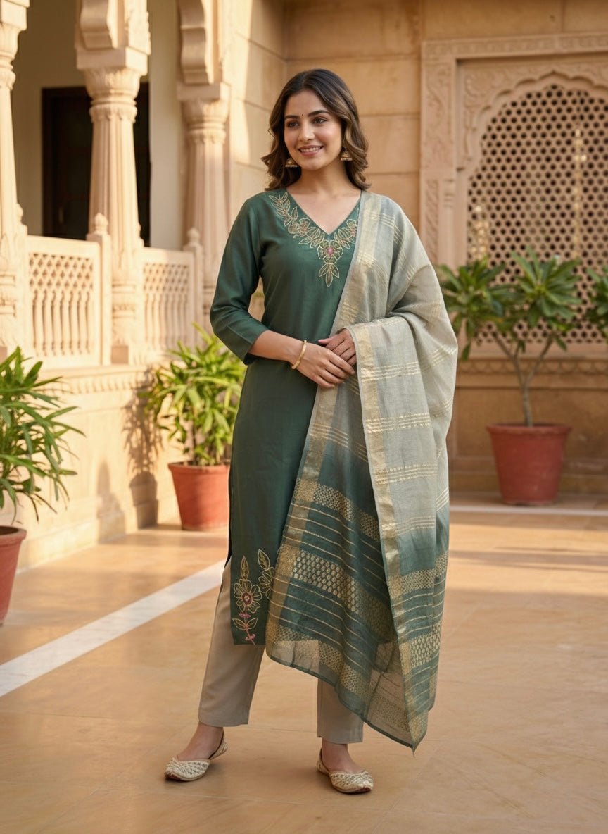 Women’s Vetican Fabric Embroidered Rama Kurta Set with Pant and Dupatta