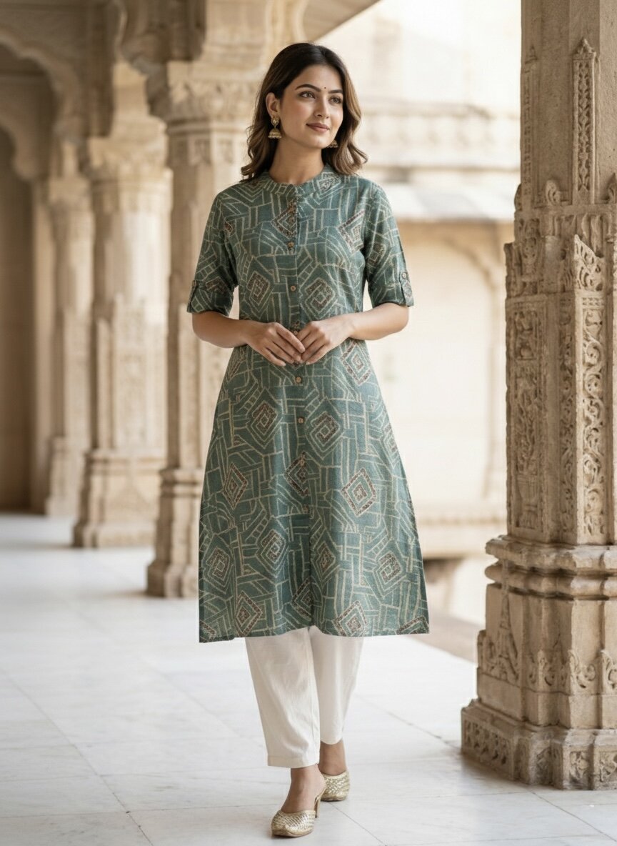 Women’s Jaipuri Printed Pure Rama Cotton A-Line Kurta with 3/4 Sleeves & Front Button Placket